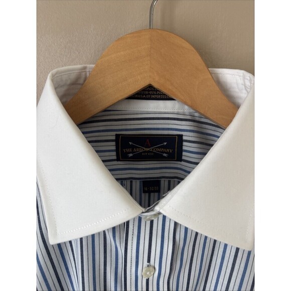 Arrow Men’s 16-32/33 Blue Striped Wrinkle-Free Button Down Dress Shirt Classic - Picture 2 of 6